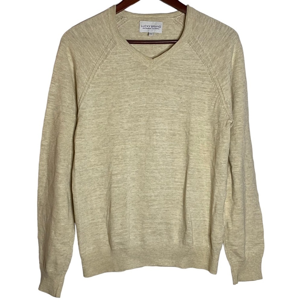 Lucky Brand Long Sleeve V Neck Cream Sweater Raglan Knit Ribbed Henley Small S